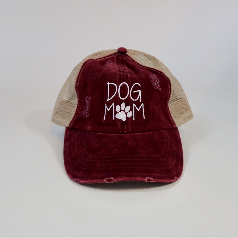 Dog Mom Mesh Ponytail Hat Burgundy